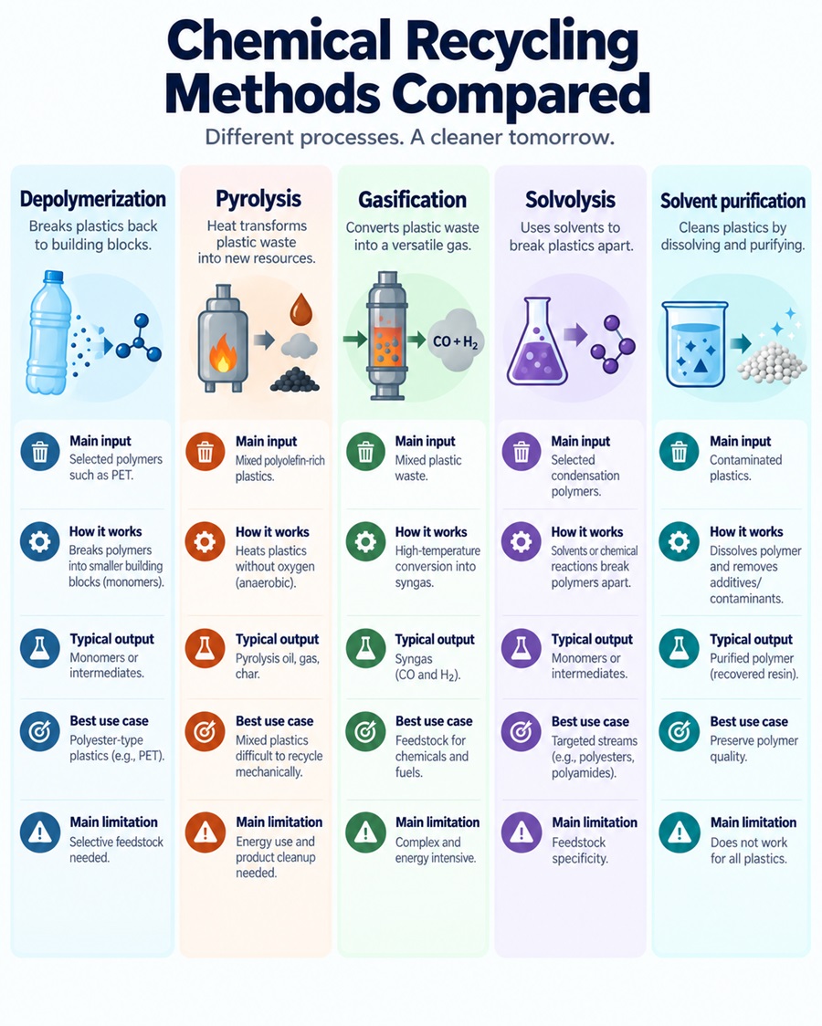 Infographic comparing chemical recycling methods including depolymerization, pyrolysis, gasification, solvolysis and solvent purification.