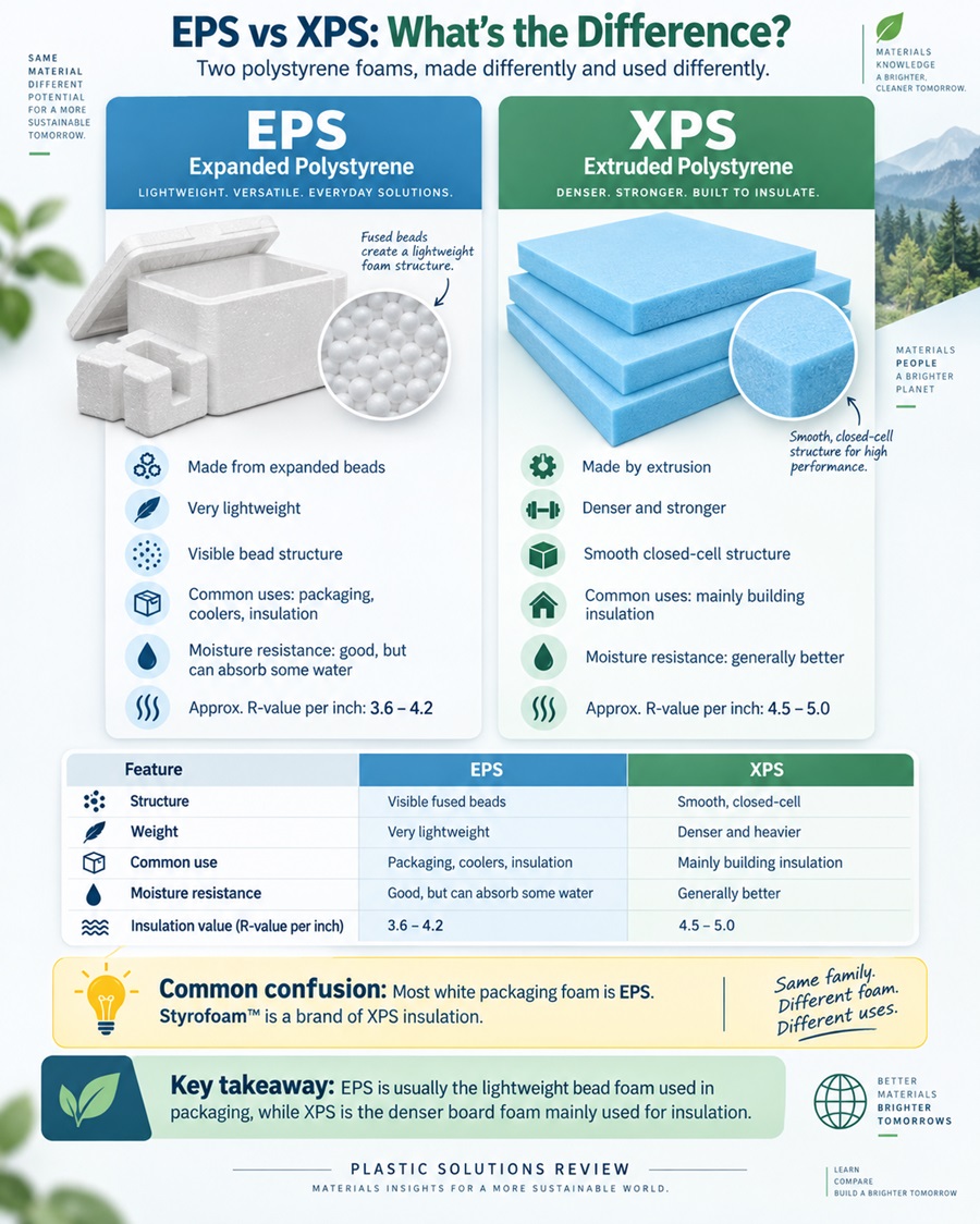EPS vs XPS: Whatโs the Difference?โ: Infographic comparing EPS and XPS polystyrene foam by structure, density, insulation and common uses