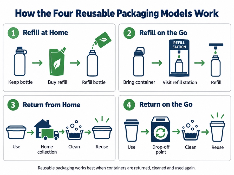 Flow diagram explaining refill at home, refill on the go, return from home and return on the go reusable packaging systems.