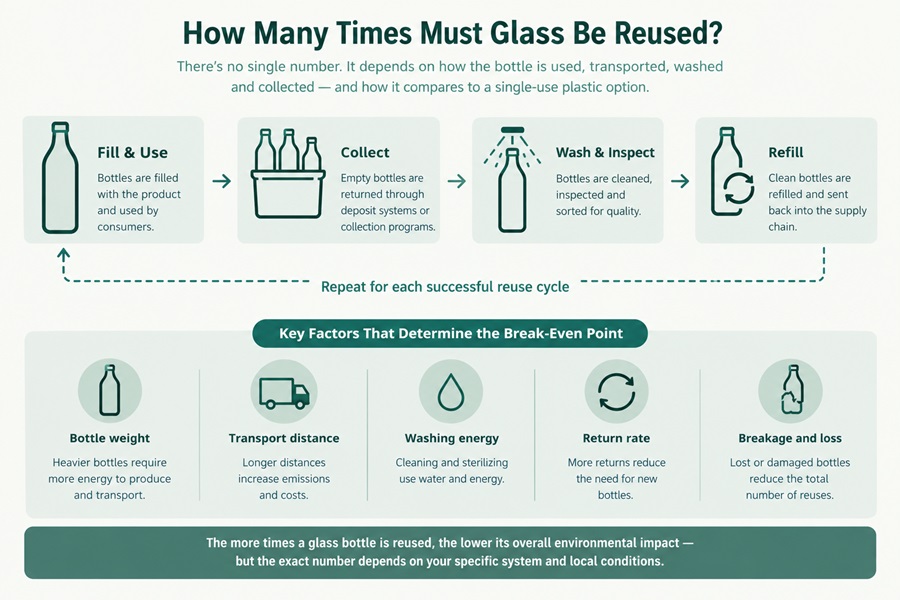 Flow diagram showing reusable glass bottles moving through filling, collection, washing, and repeated reuse cycles.
