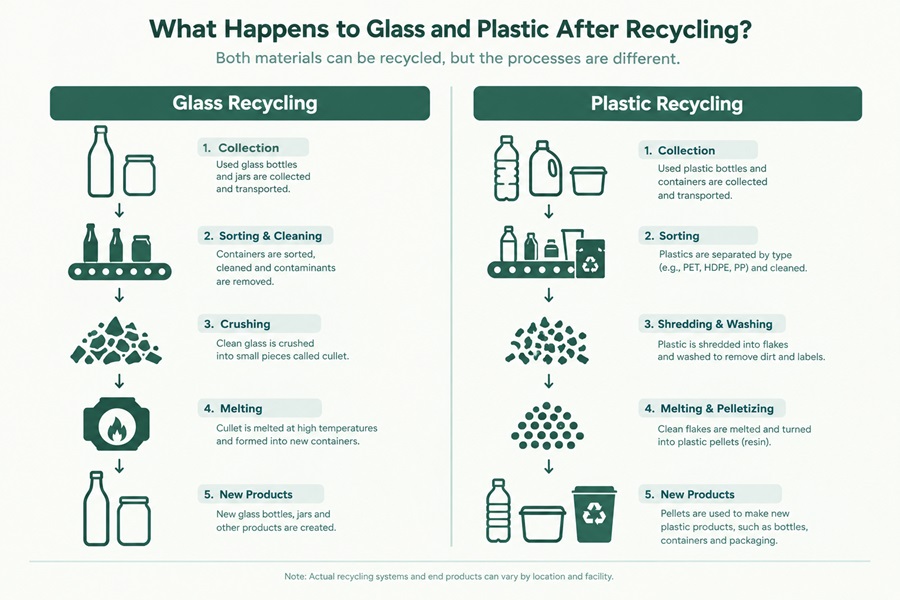 Flow diagram comparing glass recycling through cullet and remelting with plastic recycling through shredding, washing, and pelletizing.