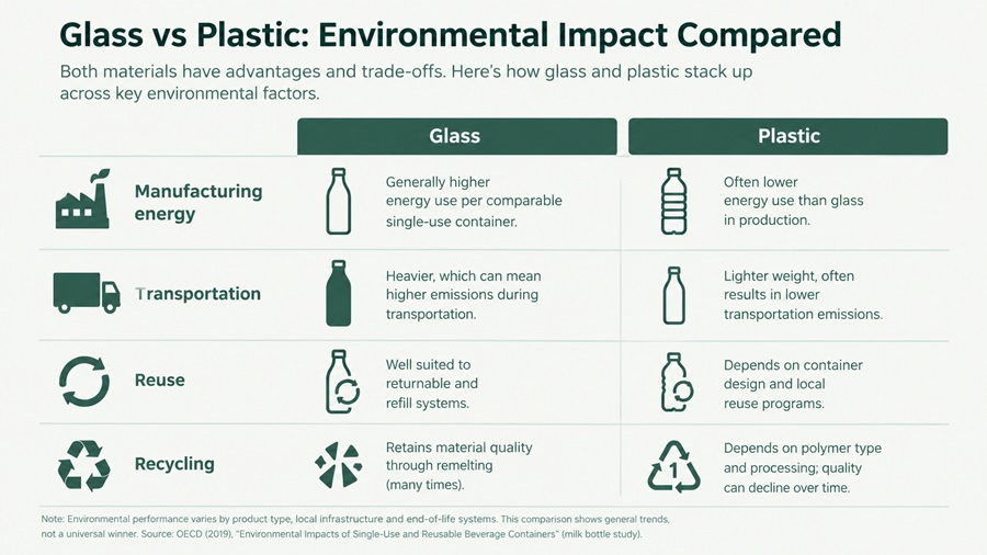 Infographic comparing glass and plastic packaging by manufacturing energy, transportation weight, reuse, and recycling.