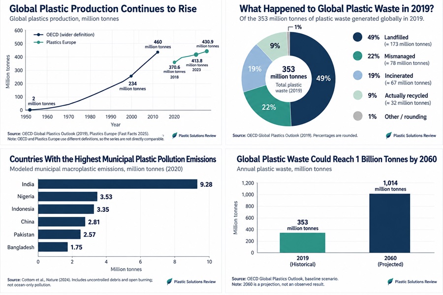 Bar chart comparing global plastic waste of 353 million tonnes in 2019 with a projected 1.014 billion tonnes in 2060.