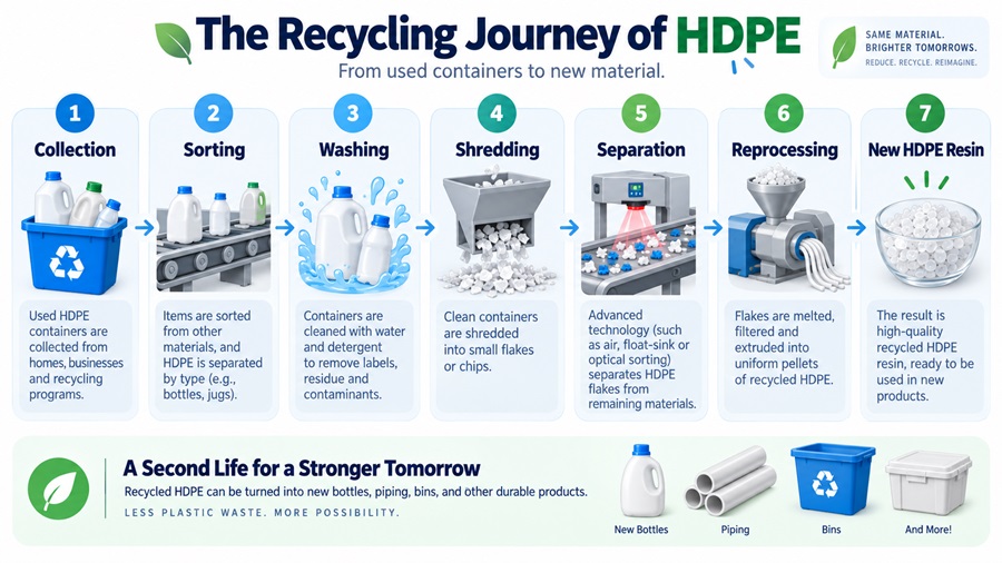 HDPE recycling process from collection and sorting to washing, shredding, separation, reprocessing, and new recycled HDPE resin.
