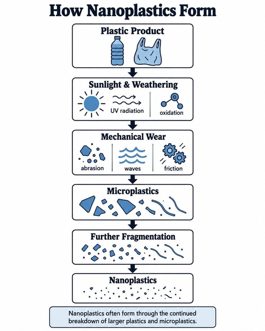 Flow diagram showing how larger plastic products break down into microplastics and then nanoplastics.