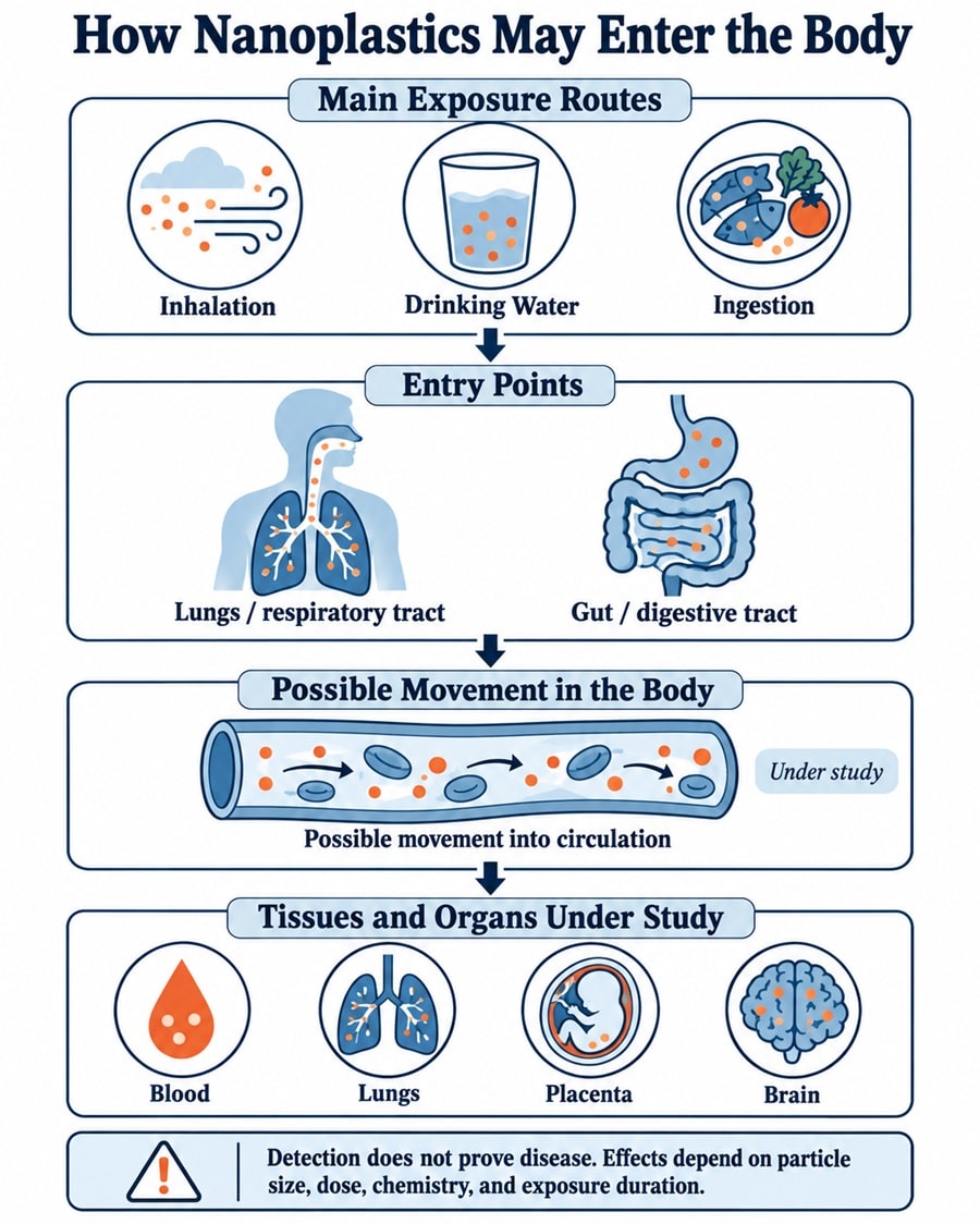 Infographic showing how nanoplastics may enter the body through inhalation and ingestion and potentially reach circulation and tissues.