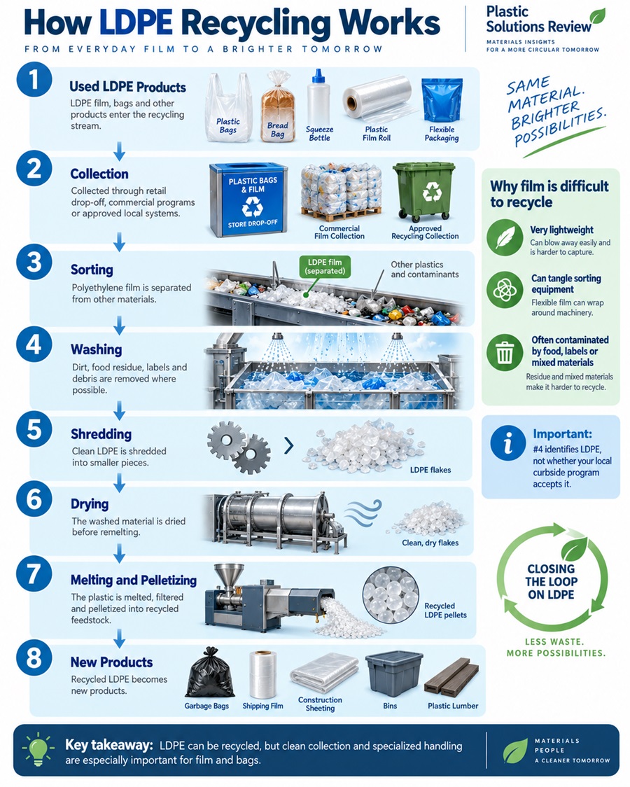 Infographic showing the LDPE recycling process from collection and sorting through washing, shredding, pelletizing, and manufacturing new products.