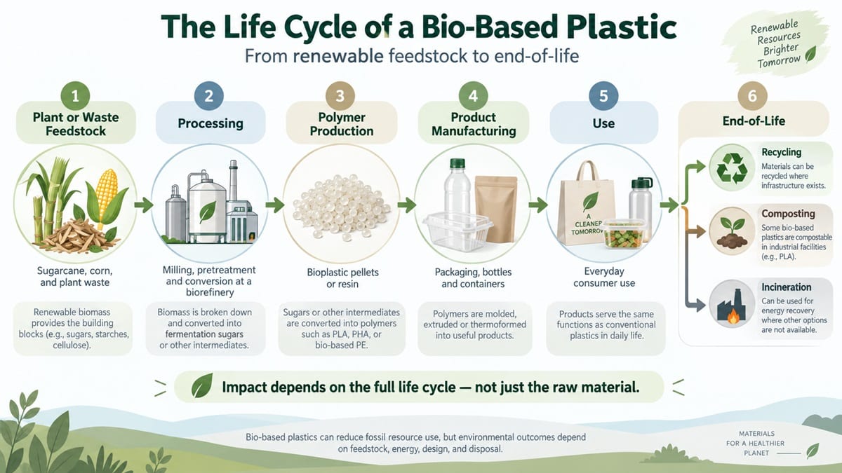Lifecycle of bio-based plastics from renewable feedstock to manufacturing, use and end-of-life.