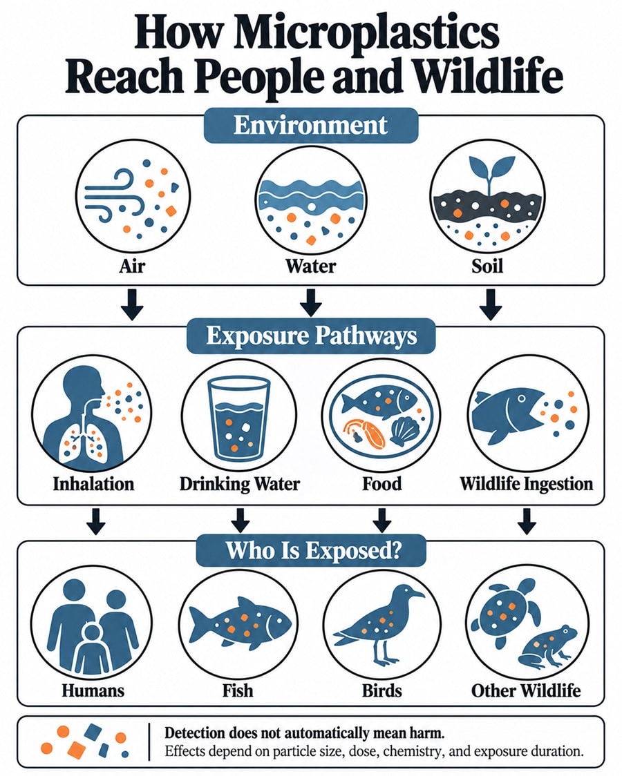 Infographic showing how microplastics move through air, water, soil, food and drinking water to reach humans and wildlife.