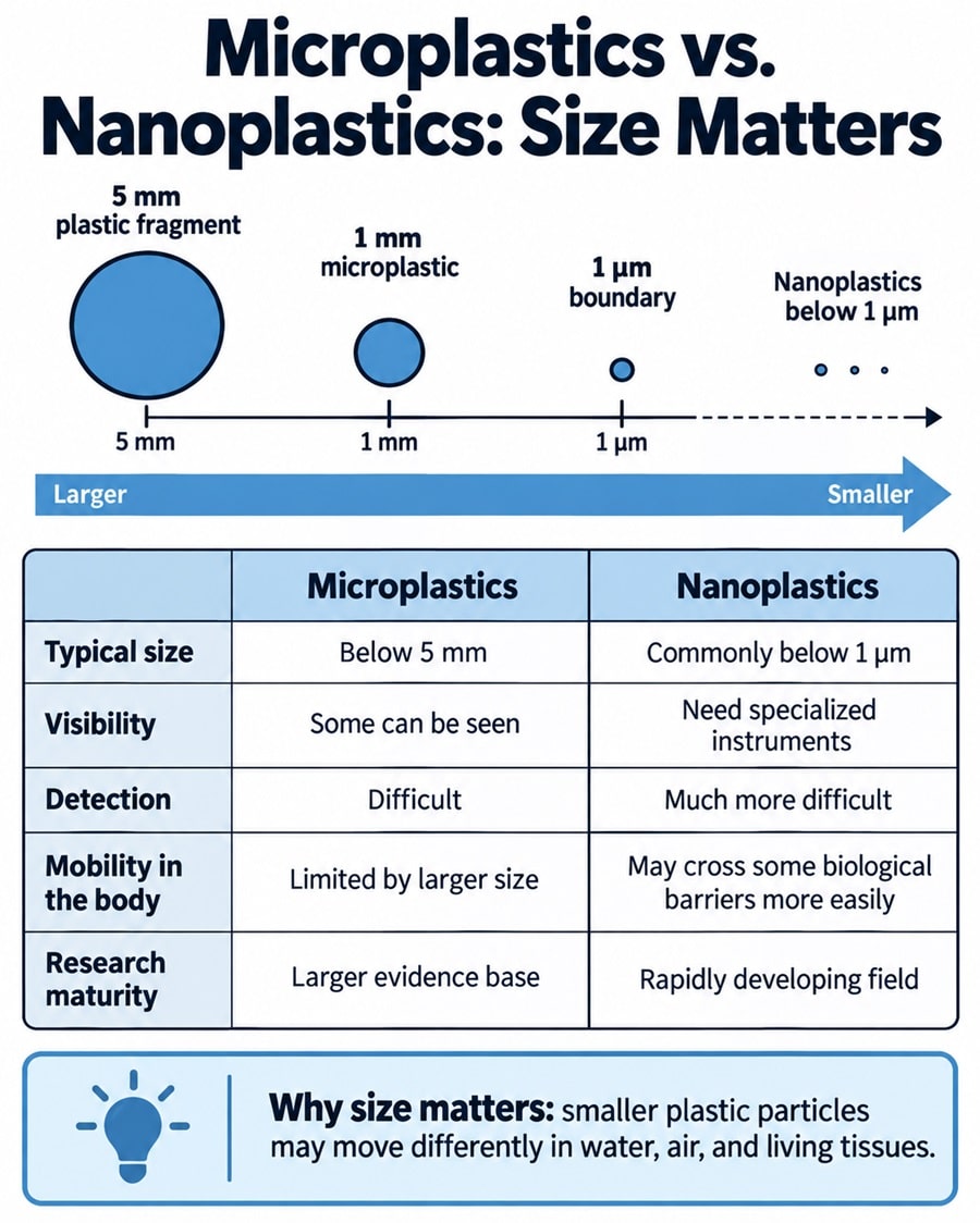 Infographic comparing the size and characteristics of microplastics and nanoplastics.