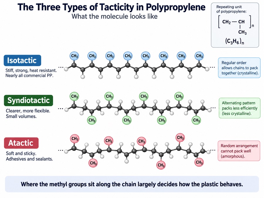 Diagram comparing isotactic, syndiotactic and atactic polypropylene molecular structures.
