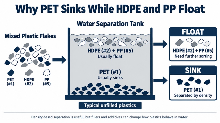 Sink-float separation diagram showing PET flakes sinking in water while HDPE and PP flakes float and require further sorting.