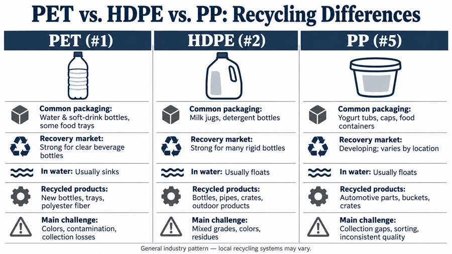 PET, HDPE and PP recycling comparison showing identification codes, common packaging, recycled products and major challenges.