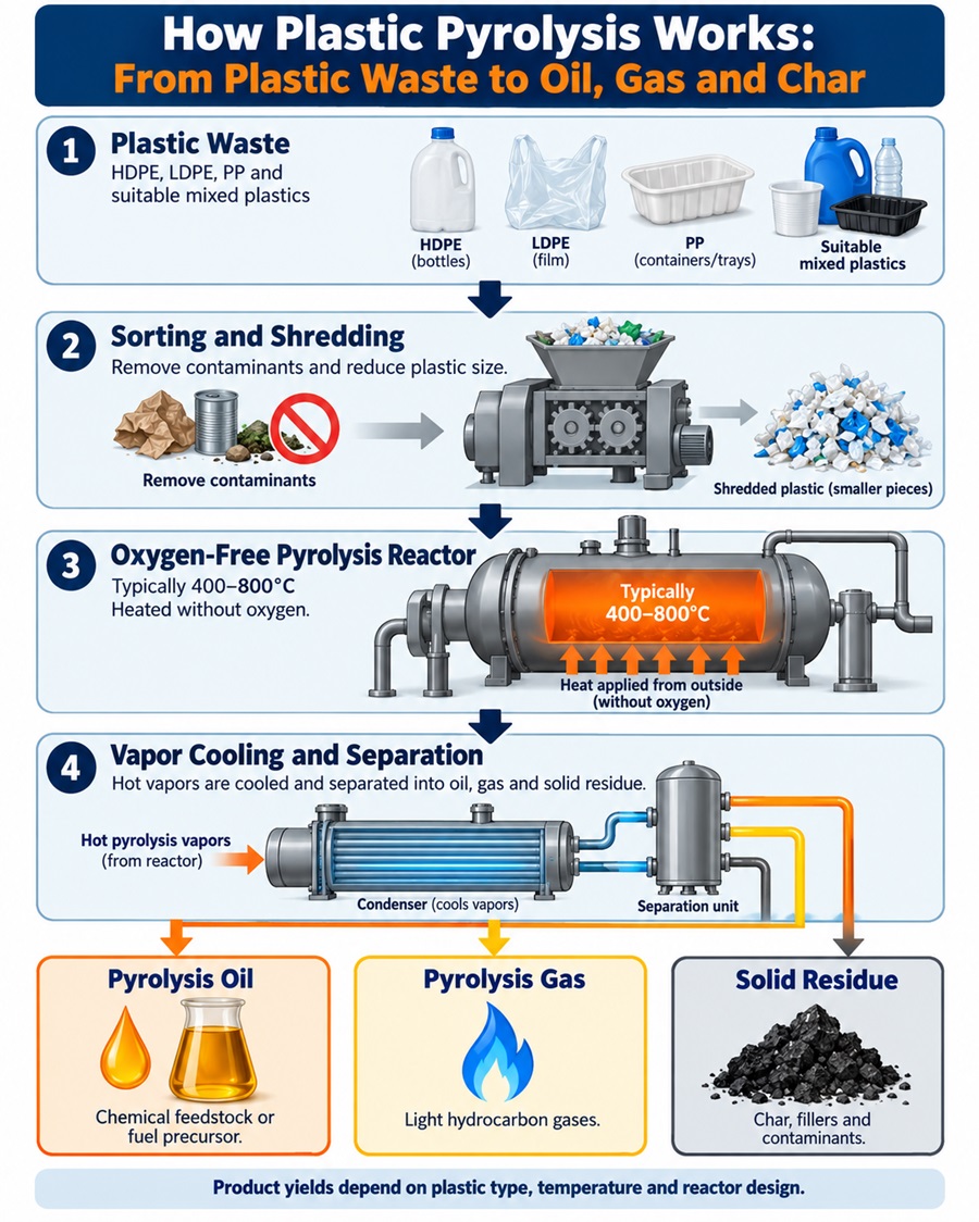 Flow diagram showing plastic waste sorting, shredding, oxygen-free pyrolysis, vapor cooling, and recovery of pyrolysis oil, gas and solid residue.