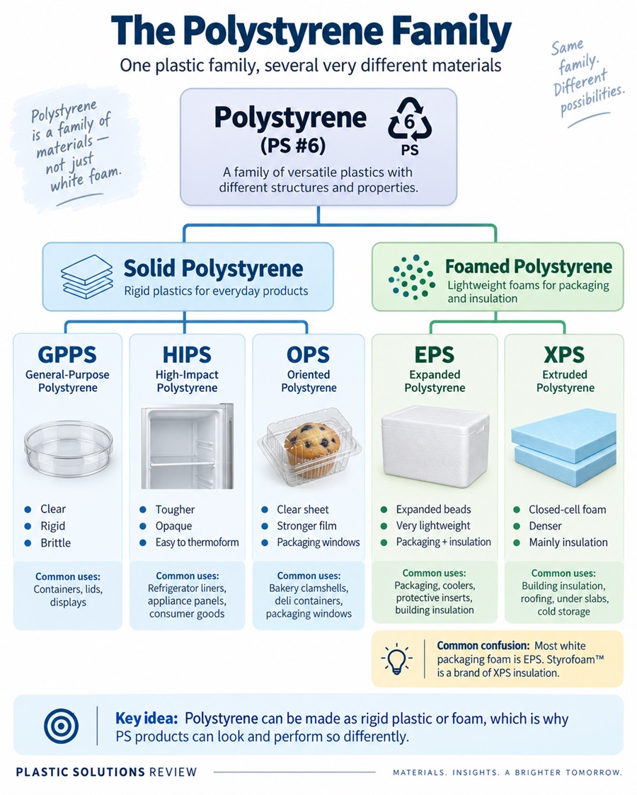 The Polystyrene Family: GPPS, HIPS, EPS and XPSโ: Diagram showing GPPS, HIPS, EPS and XPS as different types of polystyrene plastic