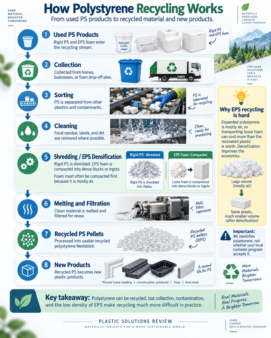 How Polystyrene Recycling Worksโ: : Flowchart showing polystyrene recycling from collection and sorting through densification, melting and recycled PS pellets.