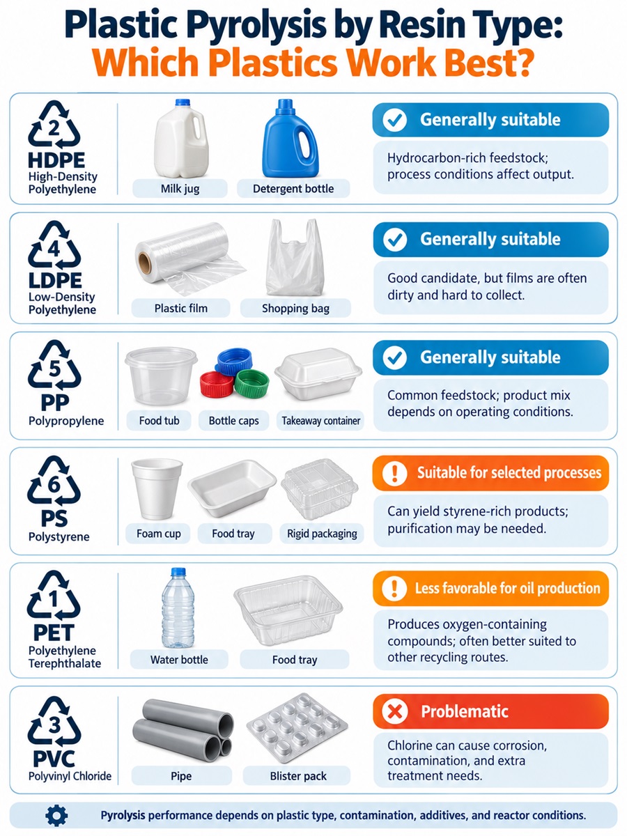 Infographic comparing HDPE, LDPE, PP, PS, PET and PVC for plastic pyrolysis, highlighting suitable feedstocks and processing challenges.