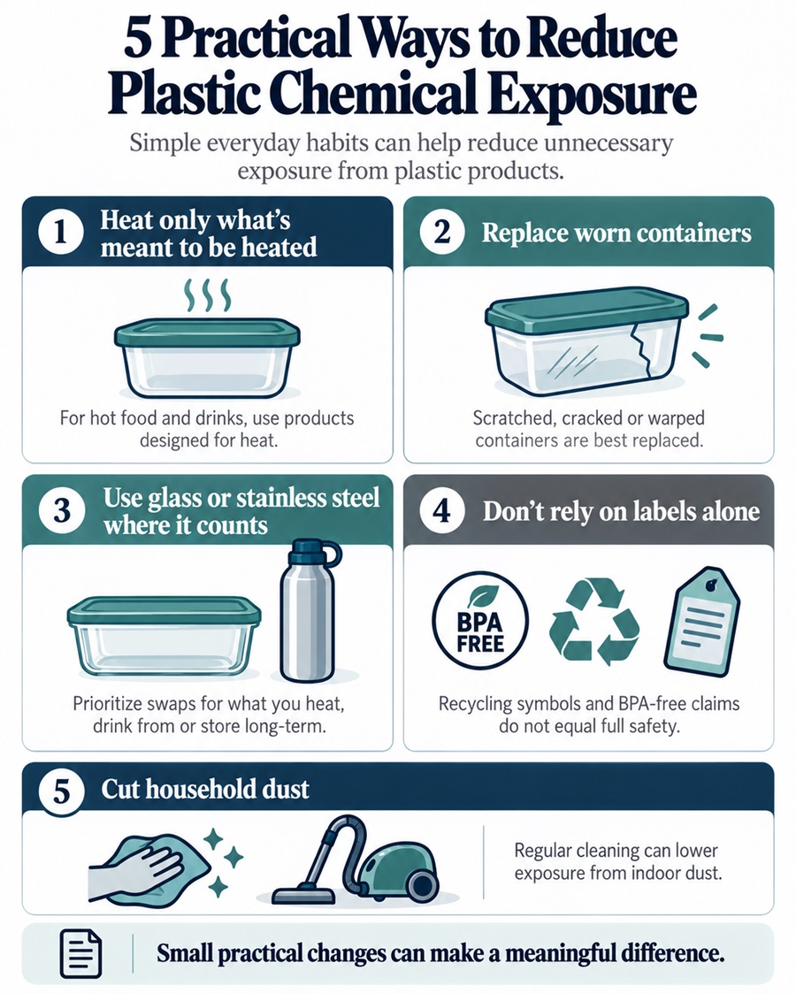 Infographic illustrating five ways to reduce exposure to plastic chemicals through safer food storage, heating, product choices and cleaning.