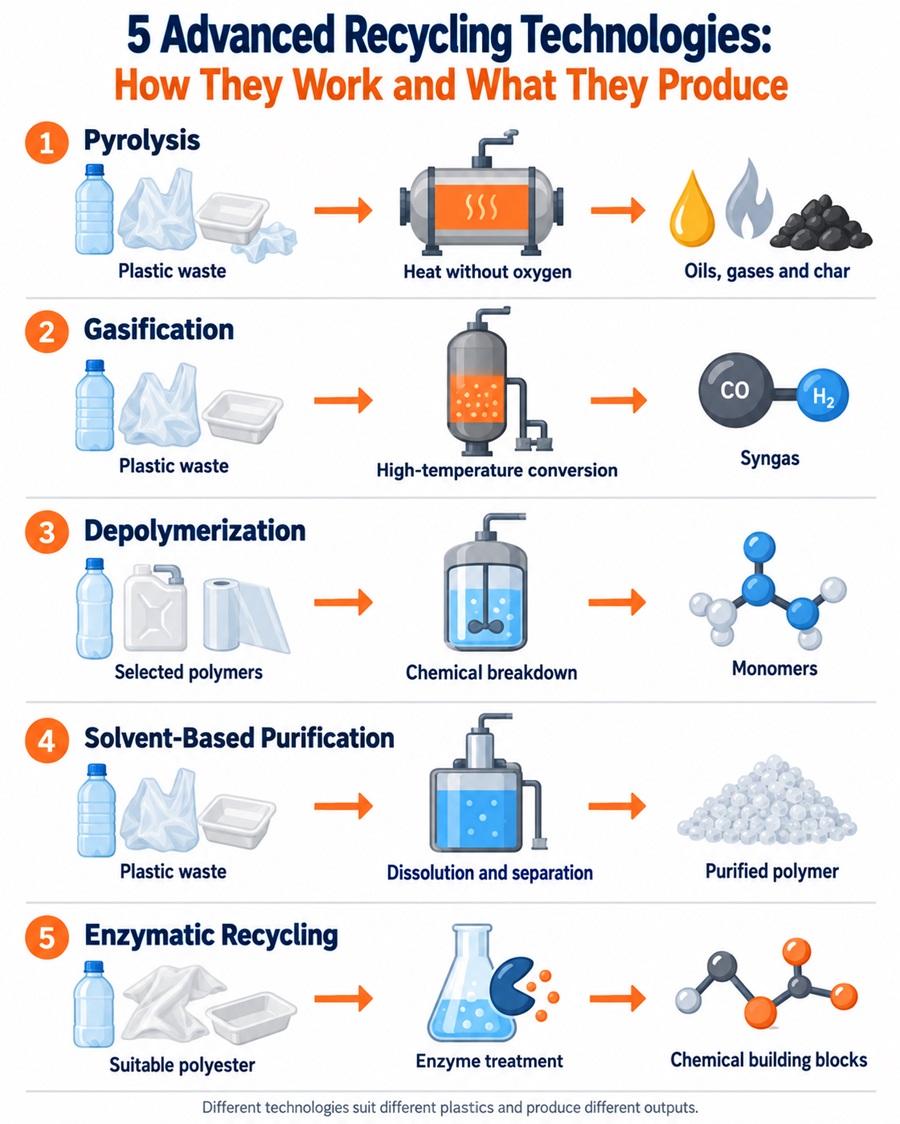 Infographic comparing five advanced plastic recycling technologies: pyrolysis, gasification, depolymerization, solvent purification and enzymatic recycling, with their main outputs.