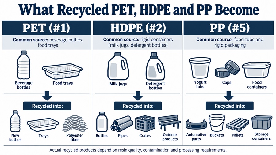 Infographic showing how recycled PET, HDPE and PP are made into bottles, plastic pipes, crates, automotive components and other products.