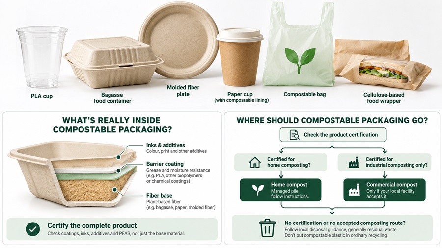 Flowchart explaining where to dispose of compostable packaging based on home composting certification, industrial composting acceptance, and local waste collection rules.