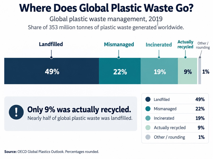Chart comparing global plastic waste management in 2019: 49% landfilled, 22% mismanaged, 19% incinerated and 9% recycled.
