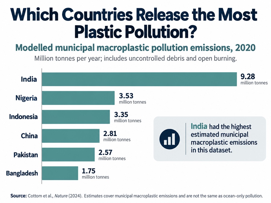 Horizontal bar chart comparing modeled 2020 municipal macroplastic emissions in India, Nigeria, Indonesia, China, Pakistan and Bangladesh.