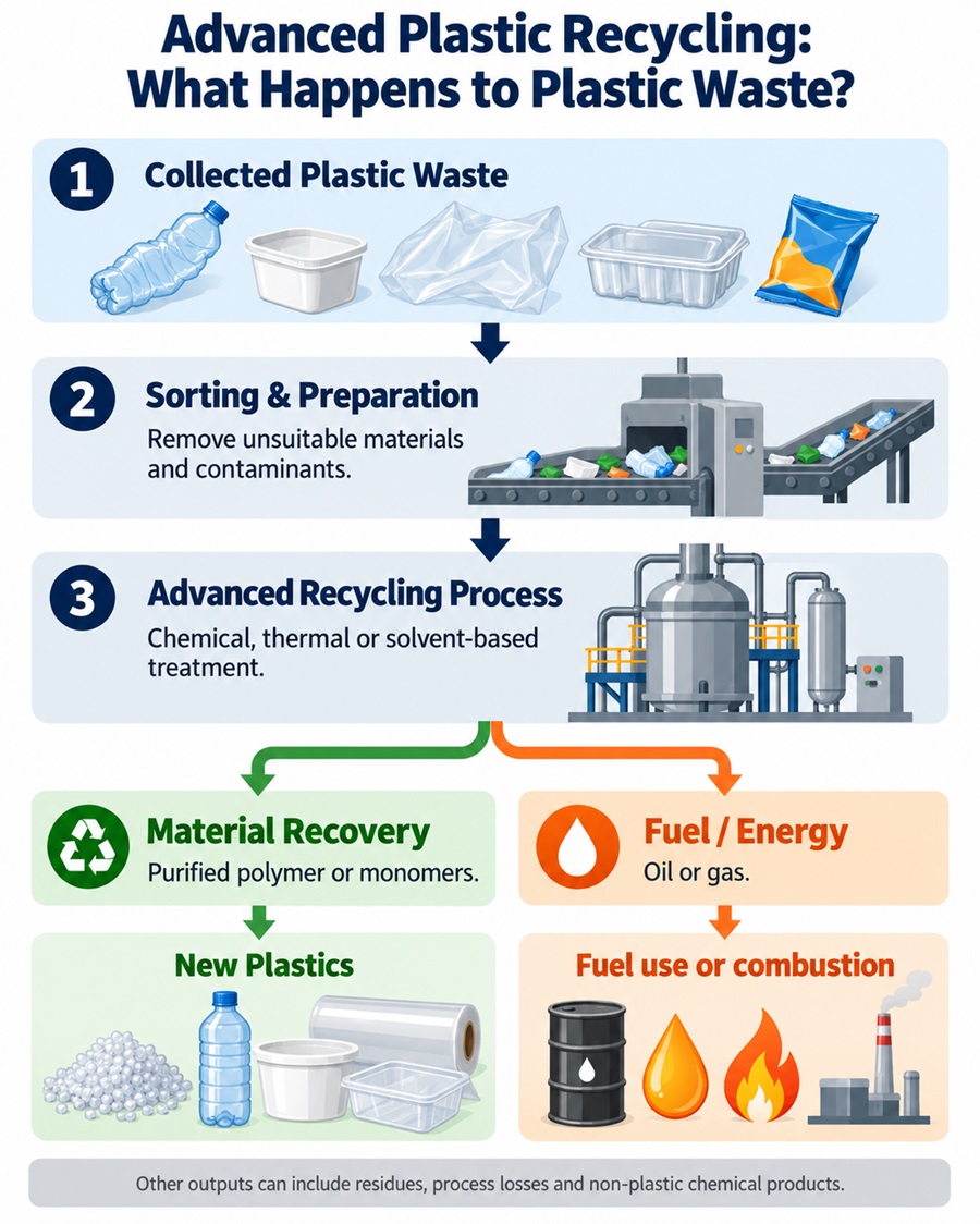 Flow diagram showing advanced recycling of plastic waste into recovered materials for new plastic manufacturing or fuels, with additional processing losses.