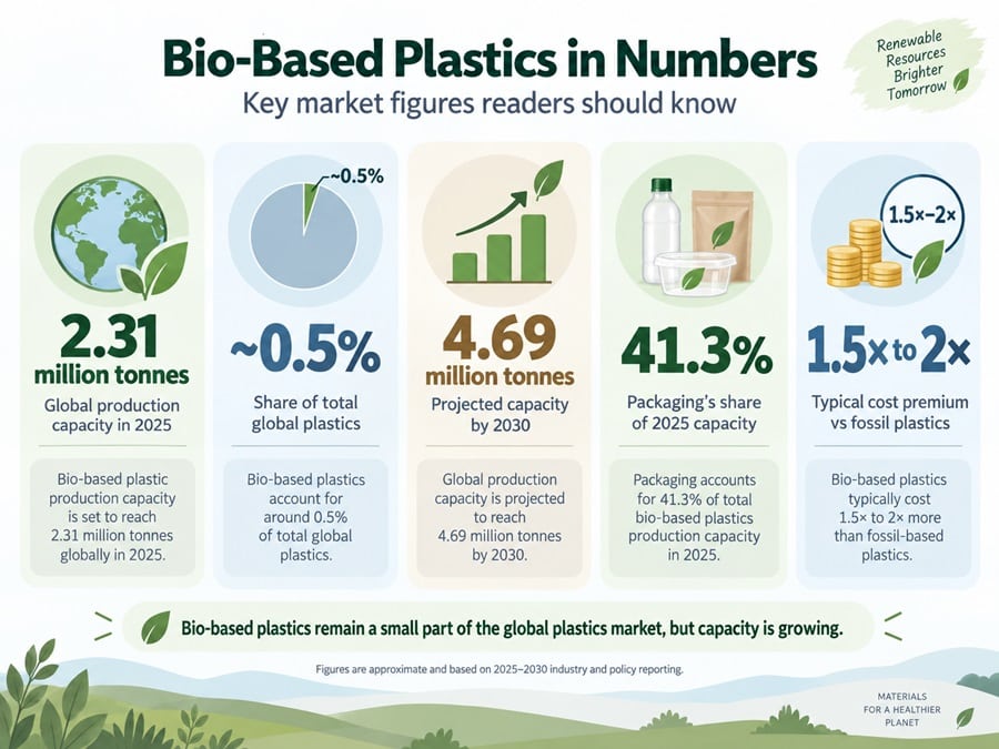 Key statistics on the global bio-based plastics market and production capacity.