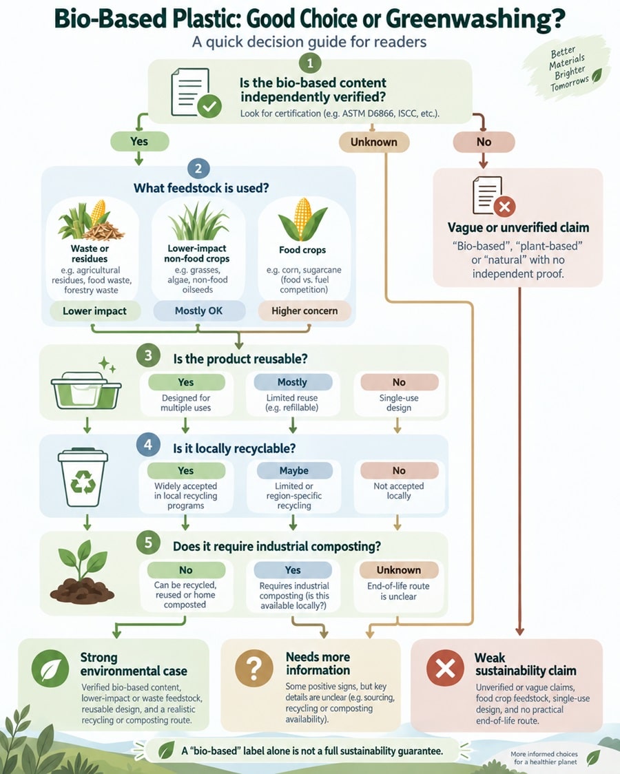 Decision tree for evaluating sustainability claims on bio-based plastic products.