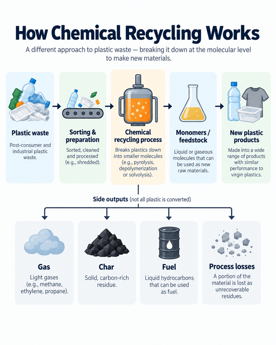 Infographic showing how chemical recycling turns plastic waste into monomers or feedstock for new plastic, with gas, char, fuel and process losses as side outputs.