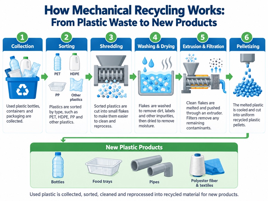 Six-step mechanical recycling process showing plastic collection, sorting, shredding, washing, extrusion and pelletizing to produce new plastic products.