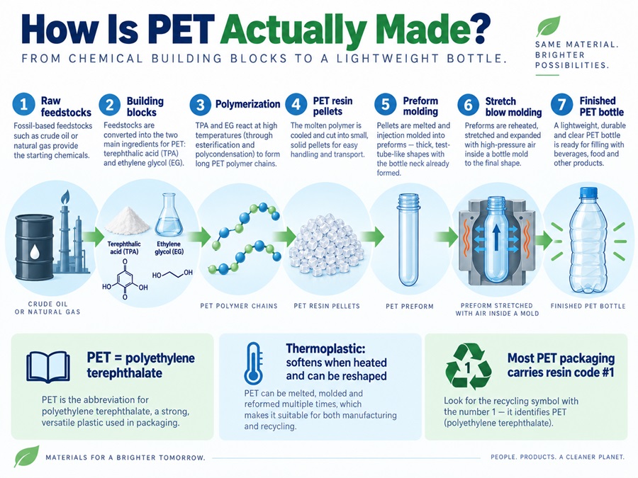 Infographic showing how PET plastic is made from raw feedstocks and terephthalic acid and ethylene glycol through polymerization, resin pellets, preform molding, stretch blow molding, and a finished PET bottle.