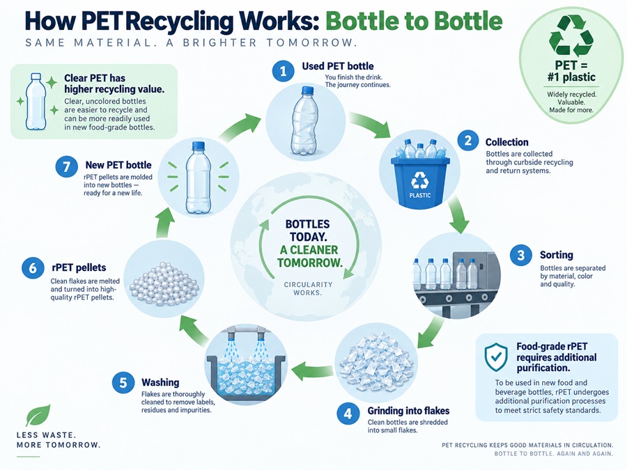 Infographic showing how PET recycling works from used bottle collection and sorting to flakes, washing, rPET pellets, and a new PET bottle.