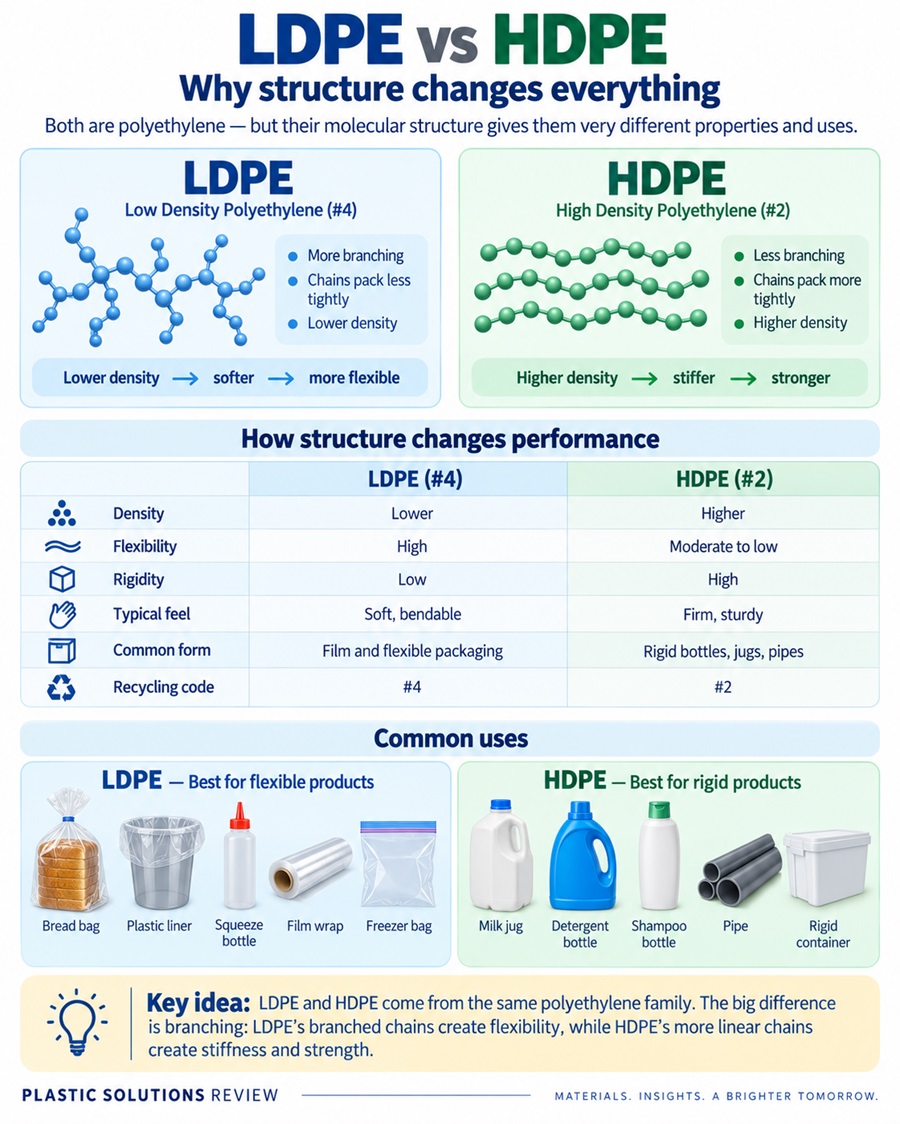 Infographic comparing LDPE and HDPE molecular structure, density, flexibility, rigidity, recycling codes, and common uses.