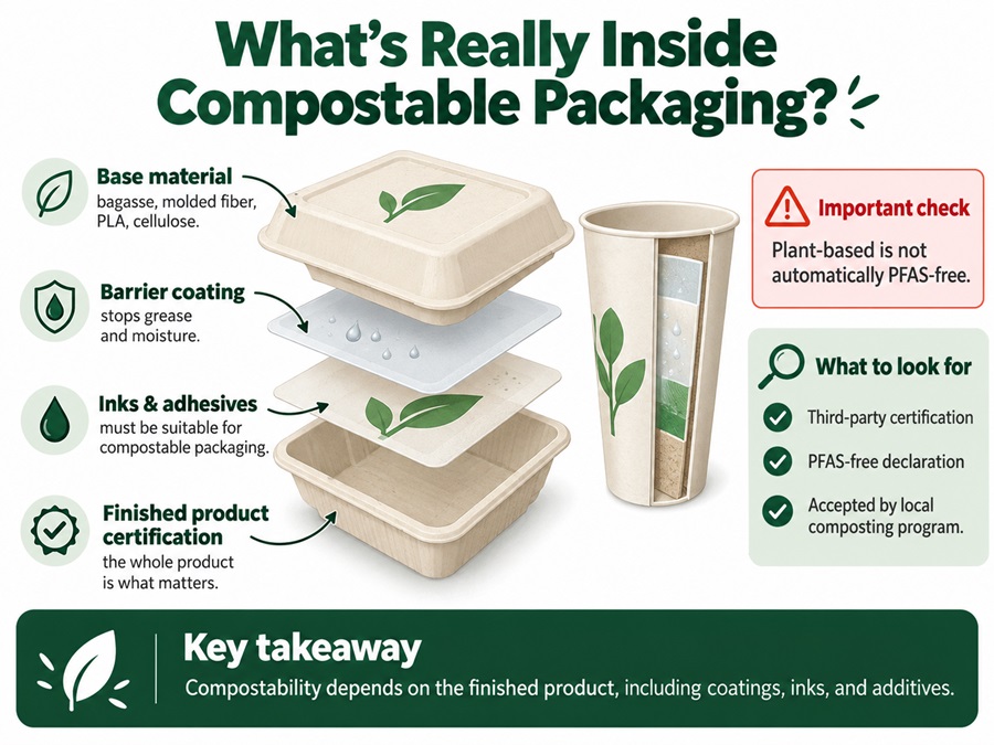 Infographic showing fiber, barrier coatings, and additives in compostable food packaging, highlighting the importance of PFAS checks and complete-product certification.