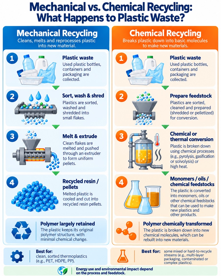 Side-by-side diagram comparing mechanical recycling, which retains plastic polymers, with chemical recycling, which transforms polymers into chemical feedstocks.