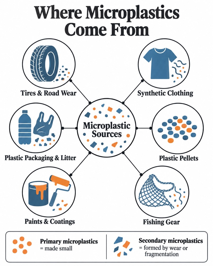 Infographic showing major sources of microplastics including tires, synthetic clothing, plastic waste, pellets, paints and fishing gear.
