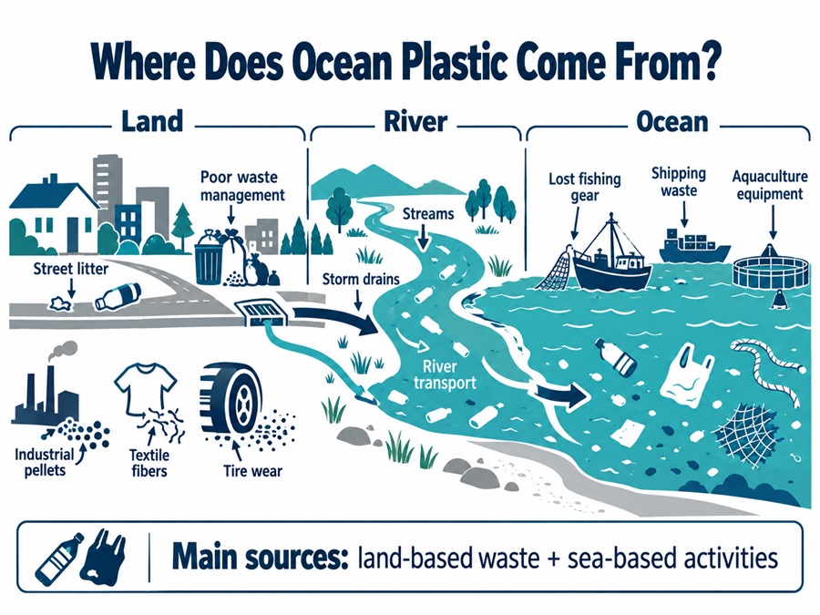 Illustration showing how plastic pollution enters the ocean from land-based waste, rivers, stormwater and fishing activities.