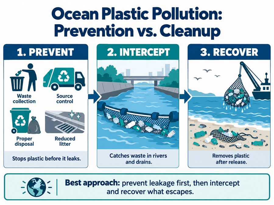 Infographic comparing plastic pollution prevention, river waste interception and ocean cleanup methods.