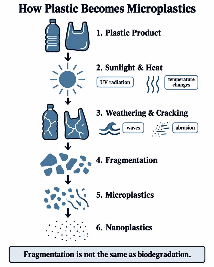 Flow diagram showing how larger plastic products weather, crack and fragment into microplastics and nanoplastics