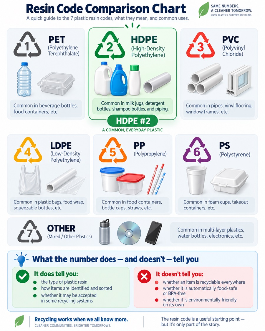 Plastic resin code comparison chart showing PET #1, HDPE #2, PVC #3, LDPE #4, PP #5, PS #6, and other plastics #7 with common uses.
