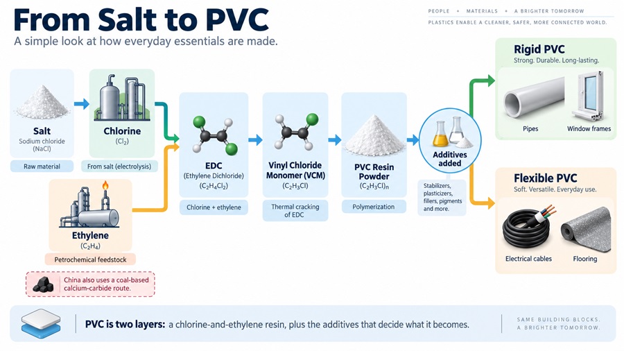 PVC production flow from salt and ethylene to PVC resin, then rigid and flexible PVC products.