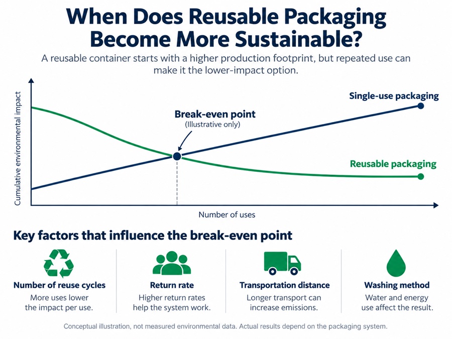 Illustrative chart showing how reusable packaging can reach an environmental break-even point after enough uses compared with single-use packaging.