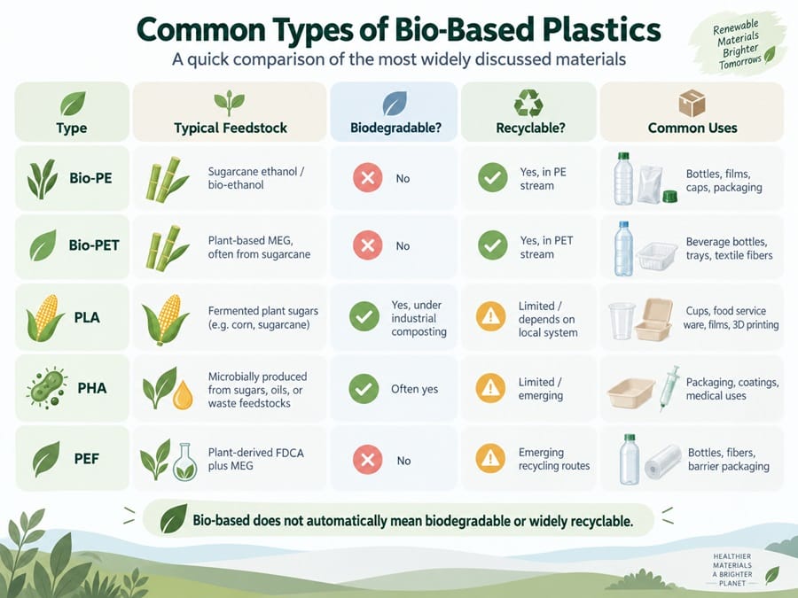 Comparison of common bio-based plastics including bio-PE, bio-PET, PLA, PHA and PEF
