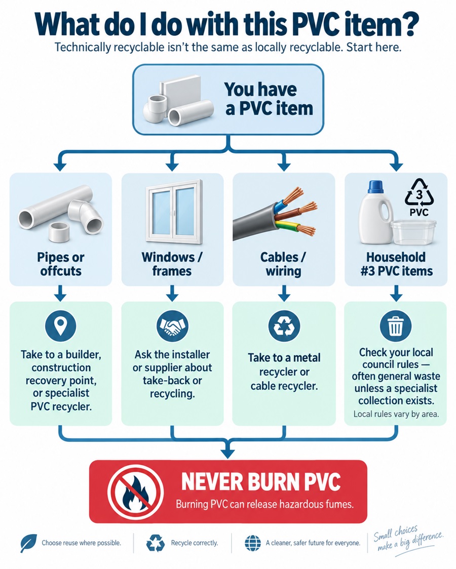 PVC waste disposal flowchart showing recycling options for pipes, windows, cables, and household #3 PVC items, with a warning never to burn PVC.