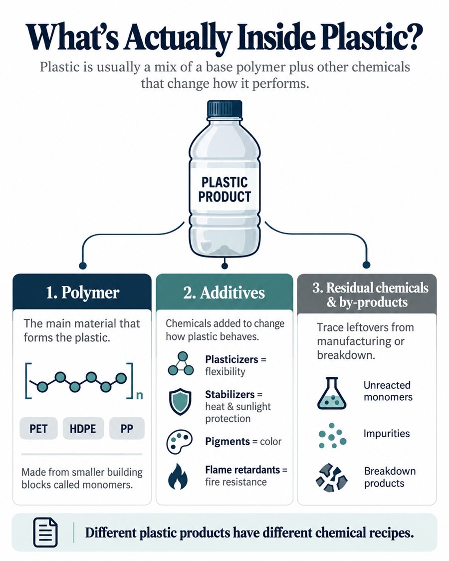 Infographic showing polymers, additives and residual chemicals found in plastic products.