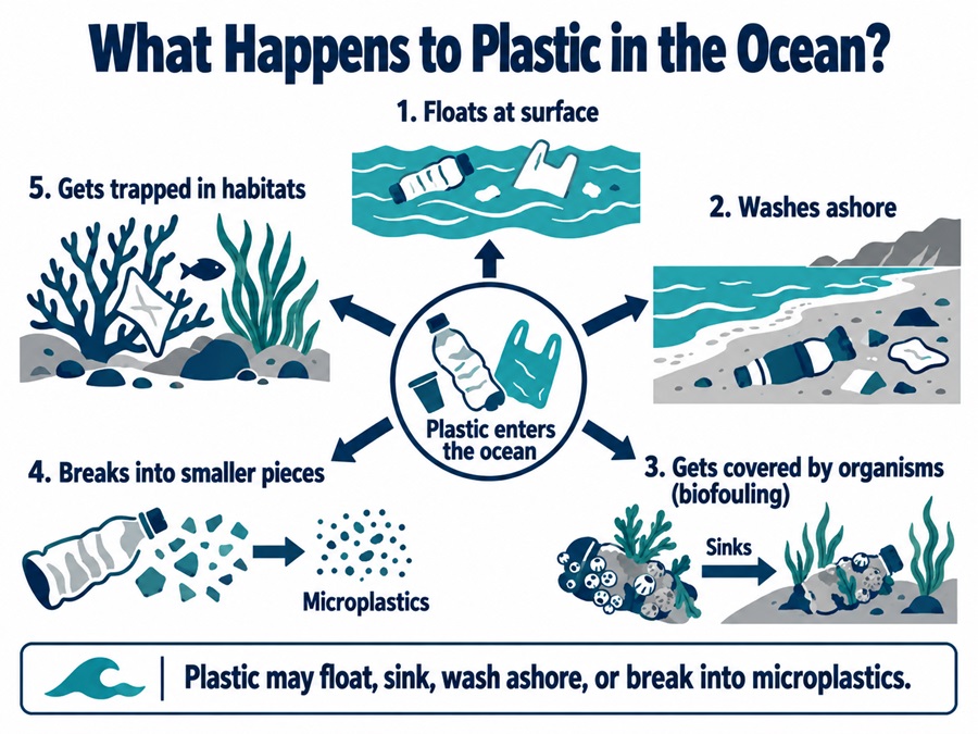 Flow diagram illustrating how plastic in the ocean floats, sinks, becomes trapped in habitats or breaks into microplastics.